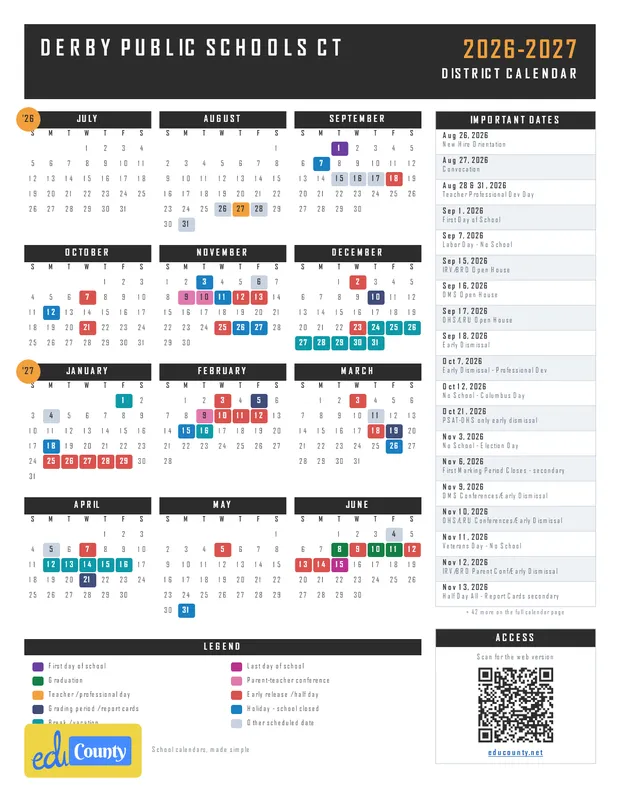 Derby Public Schools printable 2026-27 calendar