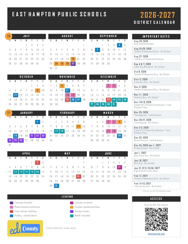 East Hampton Public Schools printable 2026-27 calendar