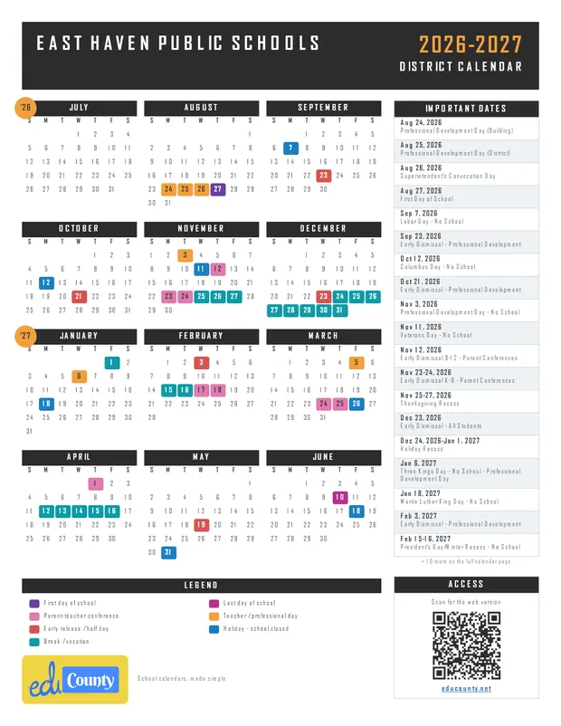 East Haven Public Schools printable 2026-27 calendar