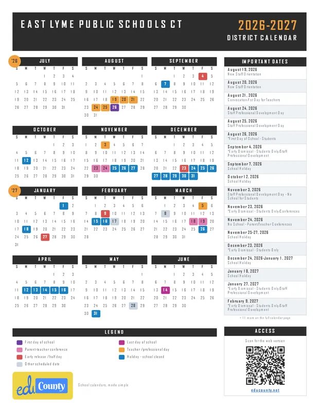 EAST LYME PUBLIC SCHOOLS printable 2026-27 calendar