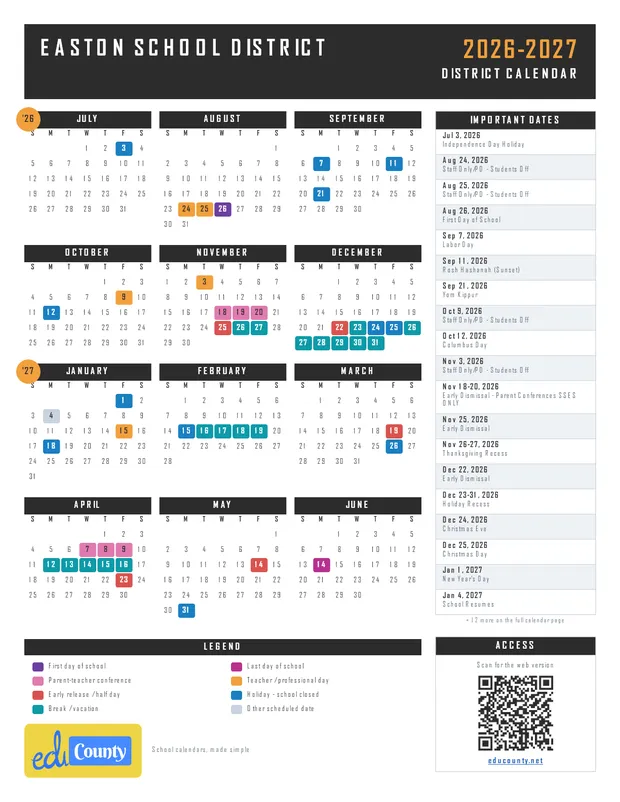 EASTON SCHOOL DISTRICT printable 2026-27 calendar