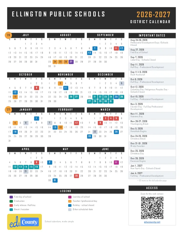 Ellington Public Schools printable 2026-27 calendar