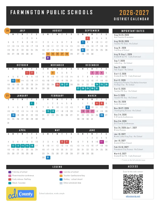 Farmington Public Schools printable 2026-27 calendar