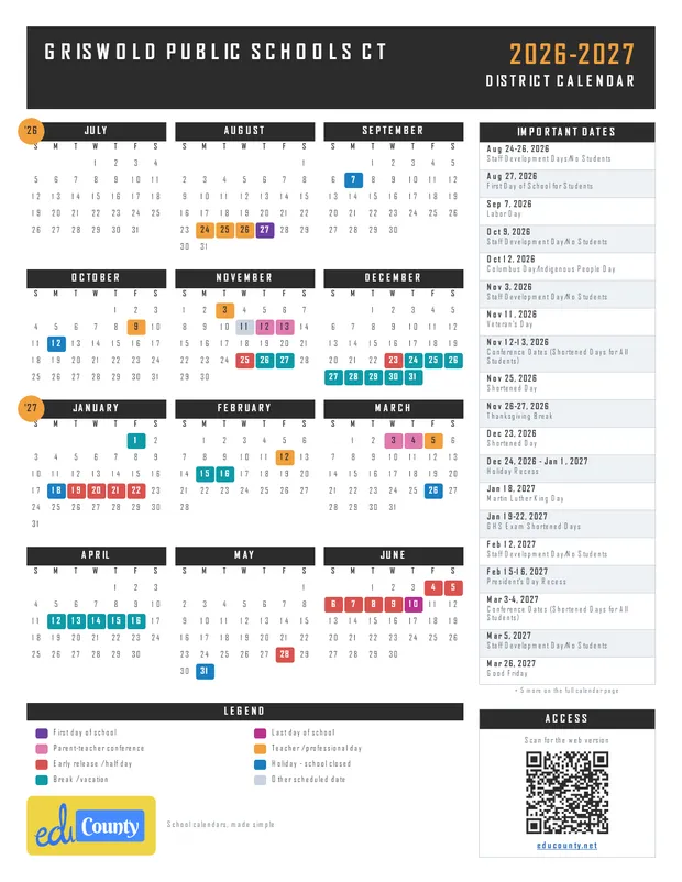 Griswold Public Schools printable 2026-27 calendar