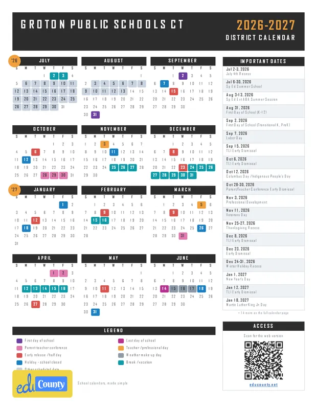Groton Public Schools printable 2026-27 calendar