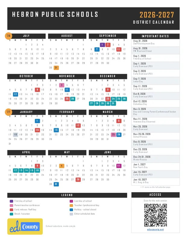 HEBRON PUBLIC SCHOOLS printable 2026-27 calendar