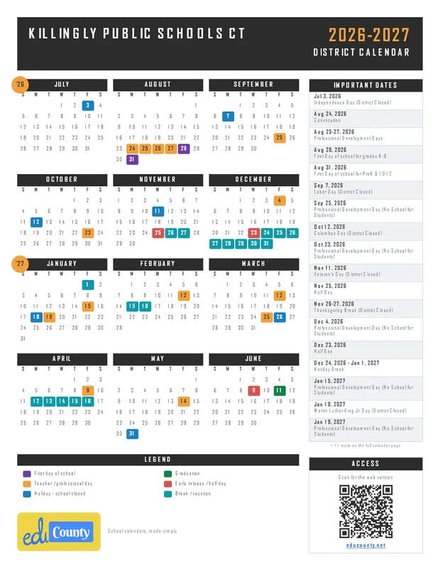 Killingly Public Schools printable 2026-27 calendar