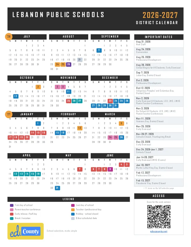LEBANON PUBLIC SCHOOLS printable 2026-27 calendar