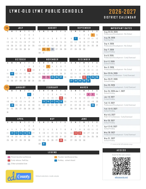 Lyme-Old Lyme Public Schools printable 2026-27 calendar