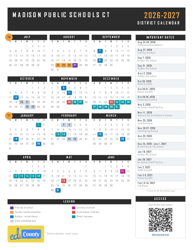 Madison Public Schools printable 2026-27 calendar