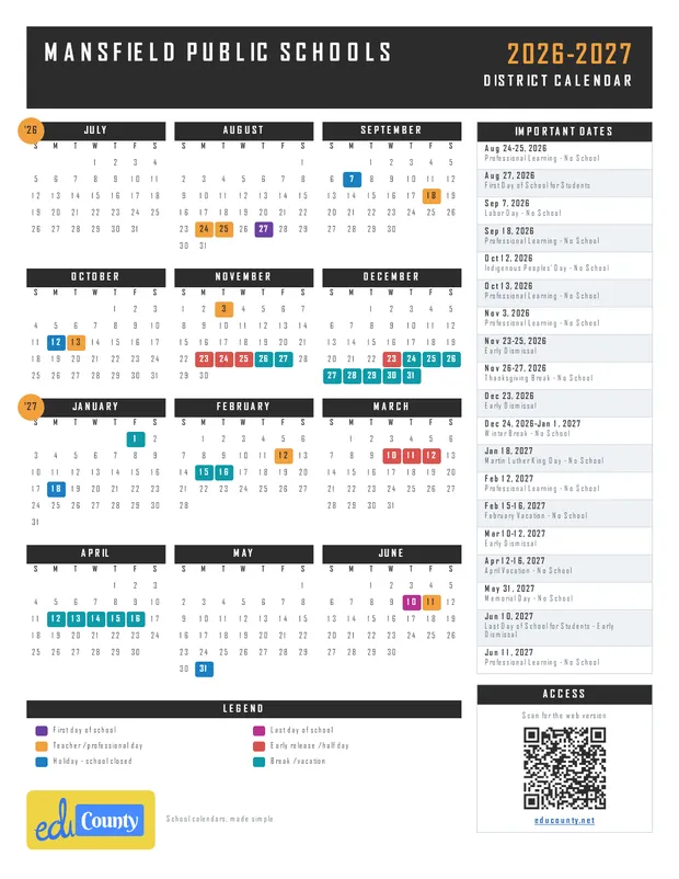 Mansfield Public Schools printable 2026-27 calendar
