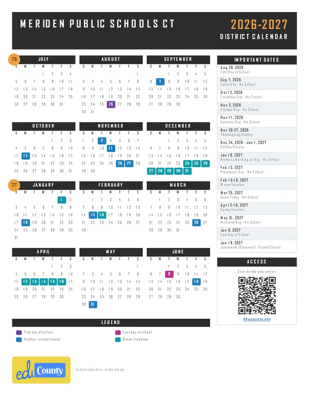 Meriden Public Schools printable 2026-27 calendar