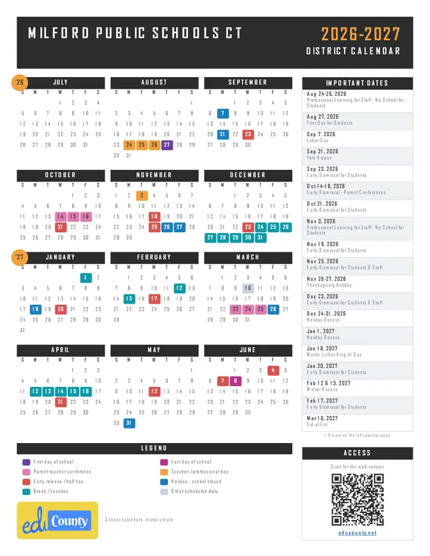 Milford Public Schools printable 2026-27 calendar