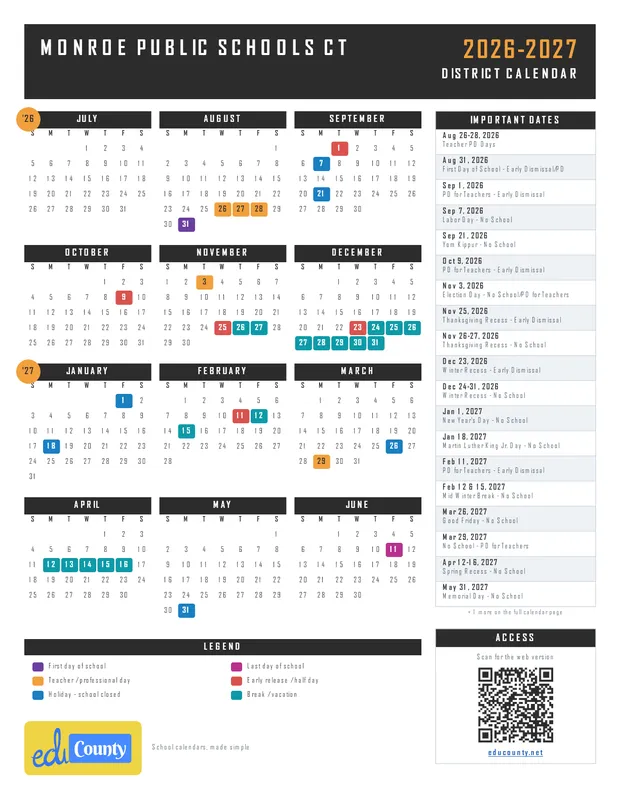 Monroe Public Schools printable 2026-27 calendar