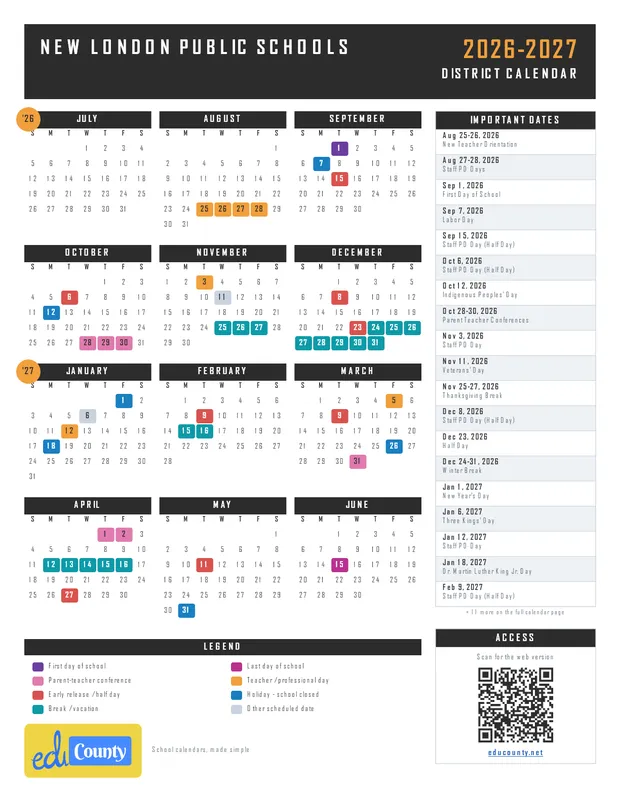 New London Public Schools printable 2026-27 calendar