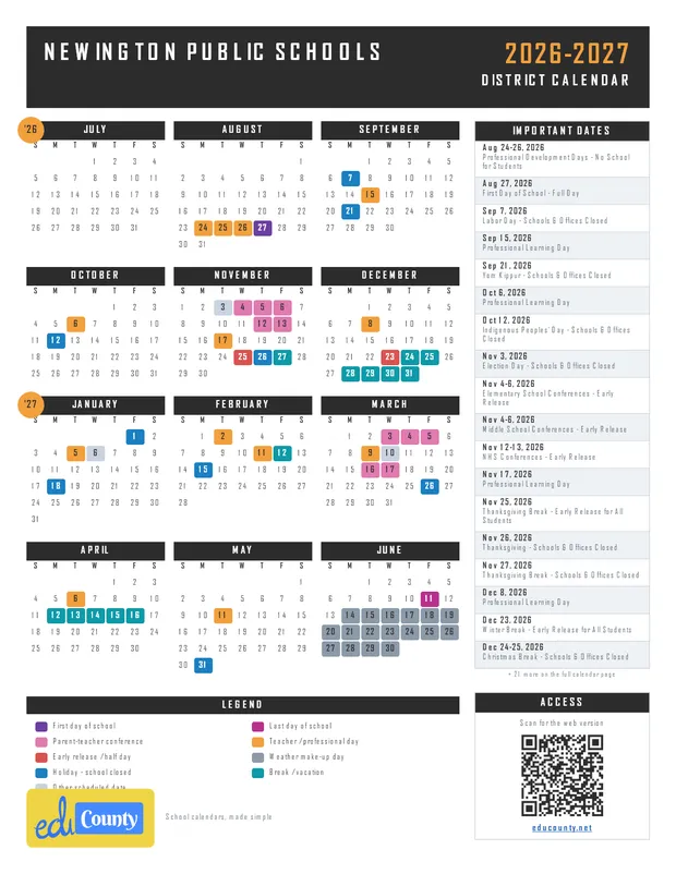 Newington Public Schools printable 2026-27 calendar