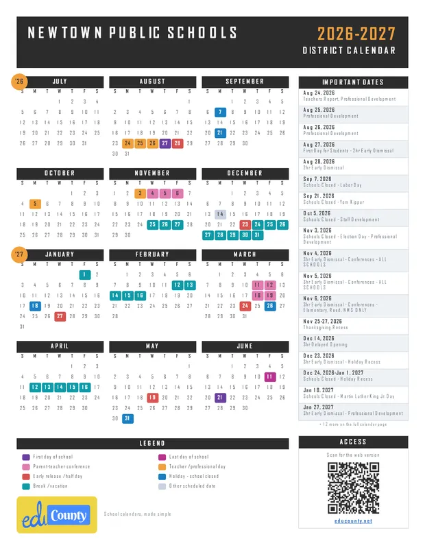 Newtown Public Schools printable 2026-27 calendar