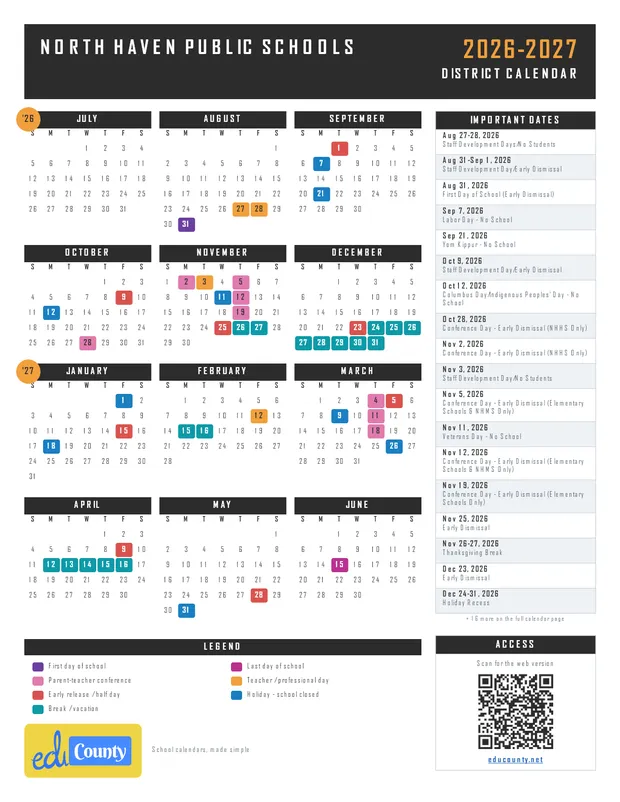 North Haven Public Schools printable 2026-27 calendar