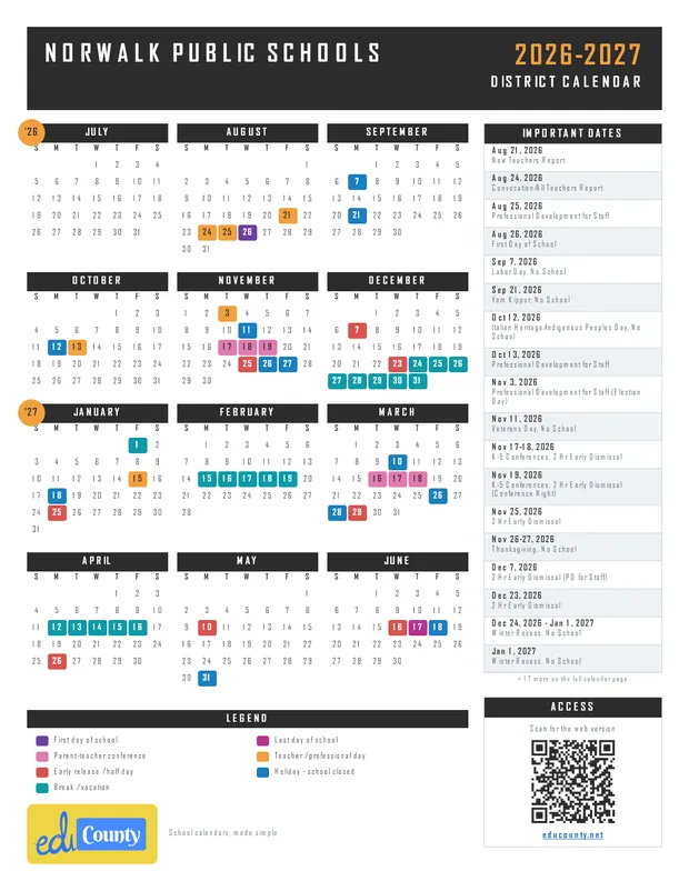 Norwalk Public Schools printable 2026-27 calendar