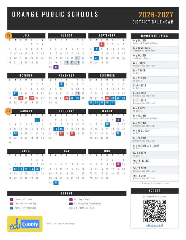 Orange Public Schools printable 2026-27 calendar