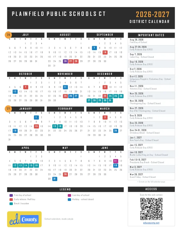 PLAINFIELD PUBLIC SCHOOLS printable 2026-27 calendar