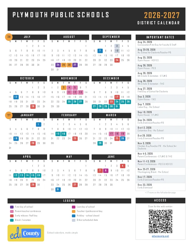 Plymouth Public Schools printable 2026-27 calendar
