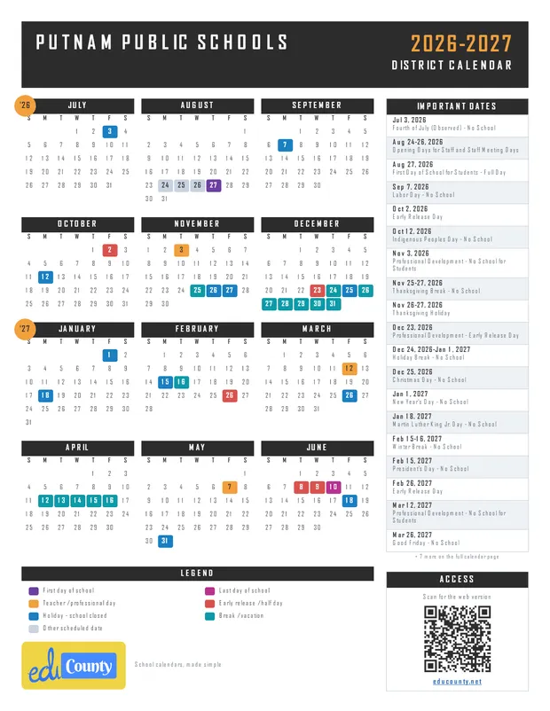 Putnam Public Schools printable 2026-27 calendar