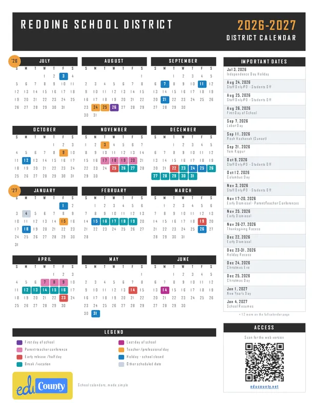 REDDING SCHOOL DISTRICT printable 2026-27 calendar