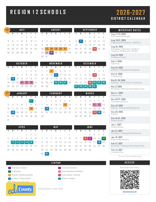 Region 12 Schools printable 2026-27 calendar