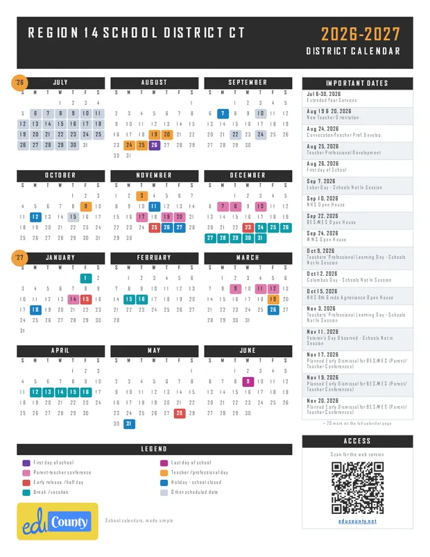 REGION 14 SCHOOL DISTRICT printable 2026-27 calendar
