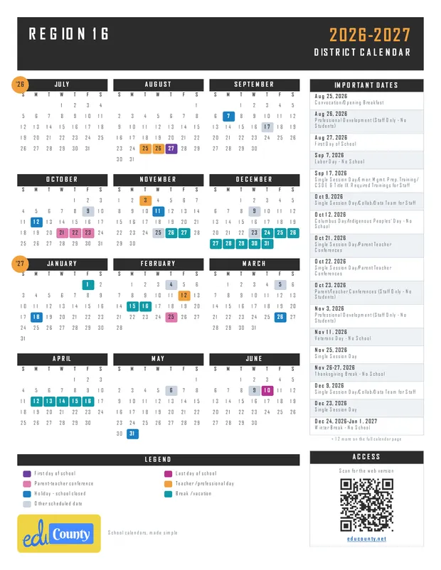 REGION 16 printable 2026-27 calendar