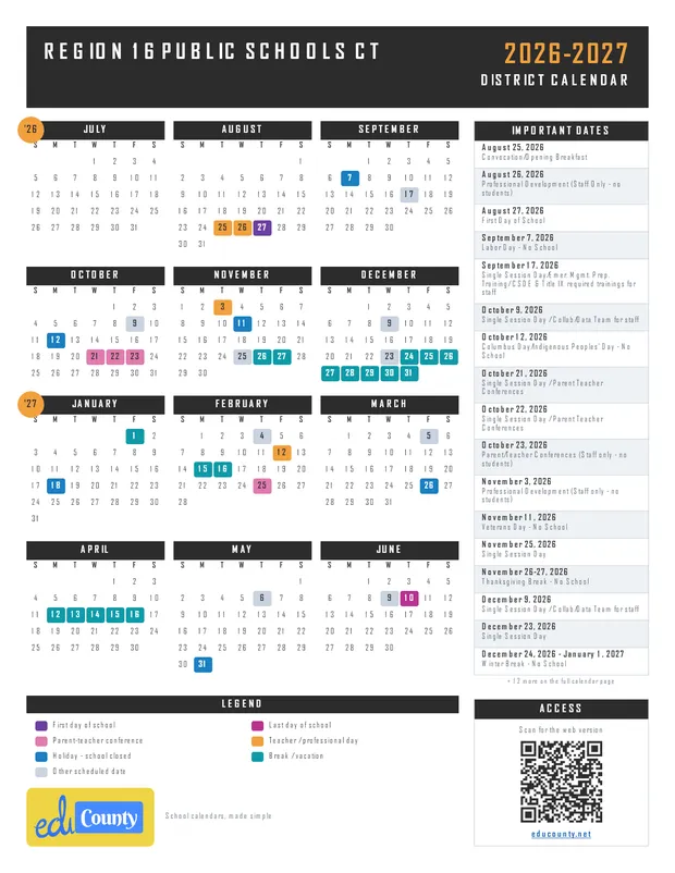 Region 16 public schools printable 2026-27 calendar