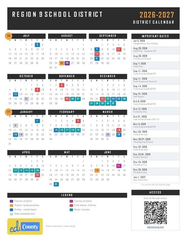 REGION 9 SCHOOL DISTRICT printable 2026-27 calendar