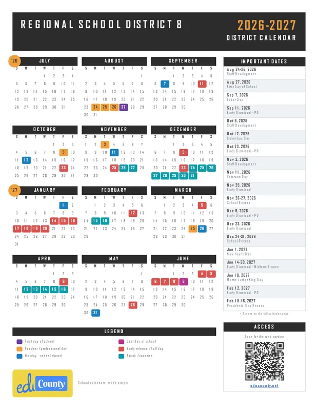 REGIONAL SCHOOL DISTRICT 8 printable 2026-27 calendar