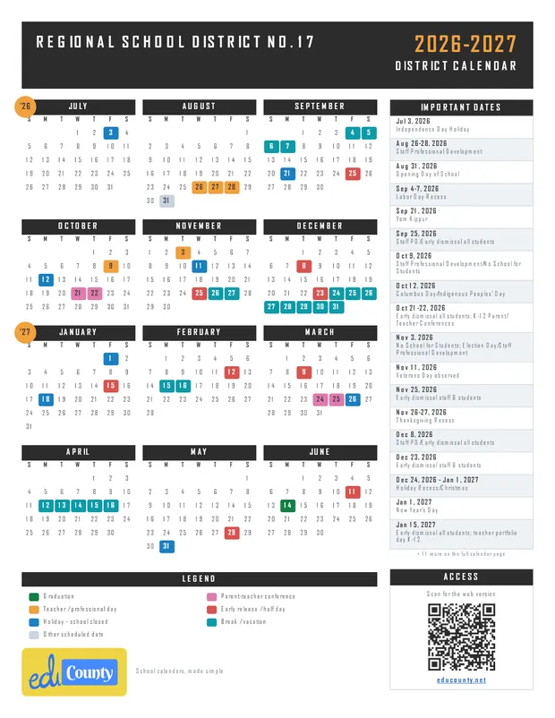 Regional School District No. 17 printable 2026-27 calendar