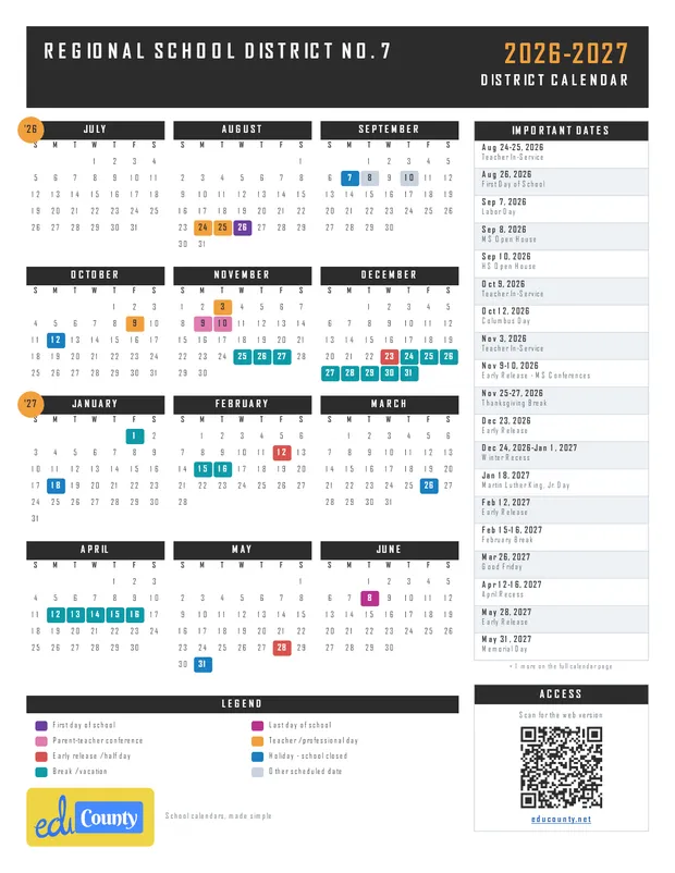 Regional School District No. 7 printable 2026-27 calendar