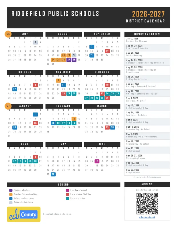 Ridgefield Public Schools printable 2026-27 calendar