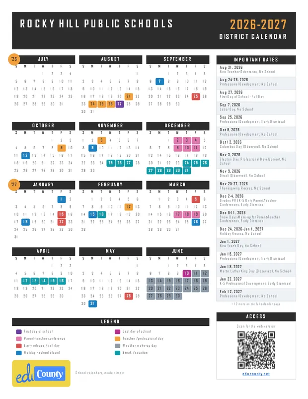 Rocky Hill Public Schools printable 2026-27 calendar