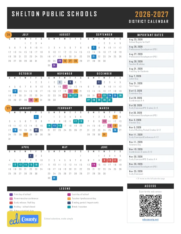Shelton Public Schools printable 2026-27 calendar