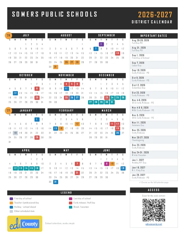 Somers Public Schools printable 2026-27 calendar