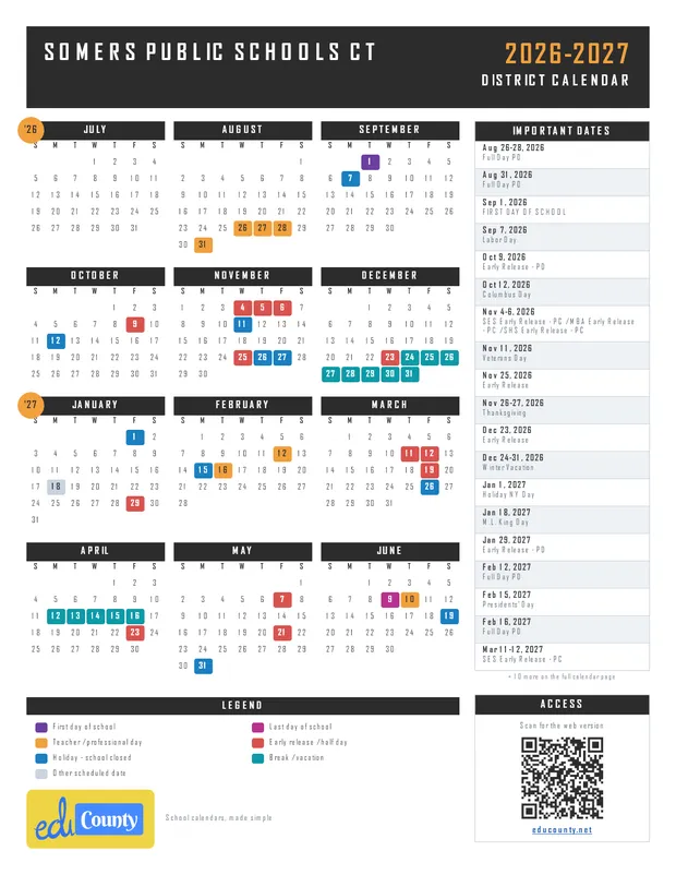 Somers Public Schools printable 2026-27 calendar