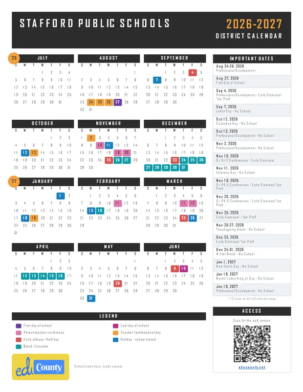 Stafford Public Schools printable 2026-27 calendar