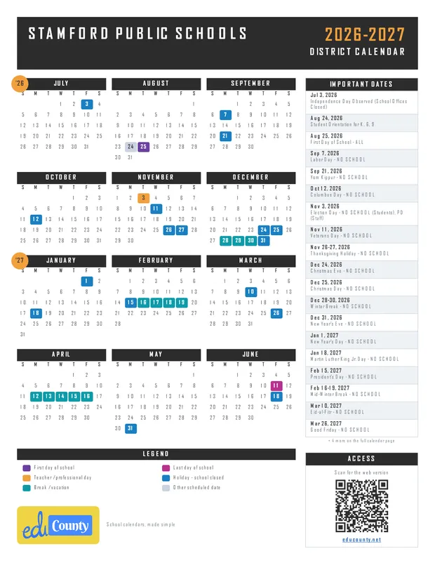 Stamford Public Schools printable 2026-27 calendar