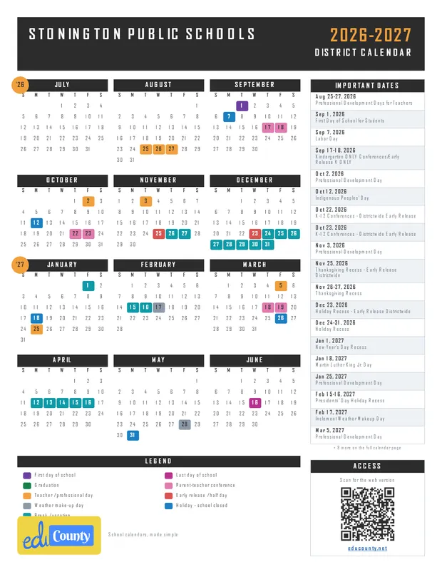 Stonington Public Schools printable 2026-27 calendar