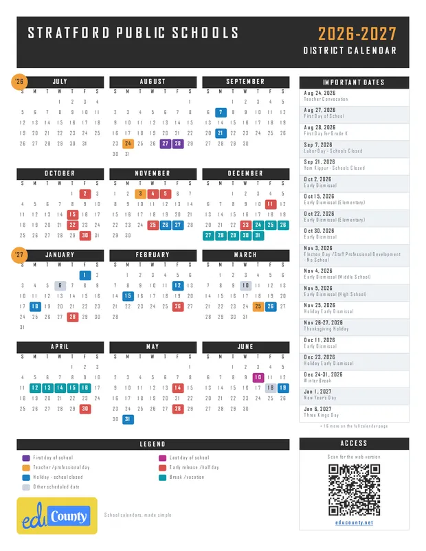 Stratford Public Schools printable 2026-27 calendar