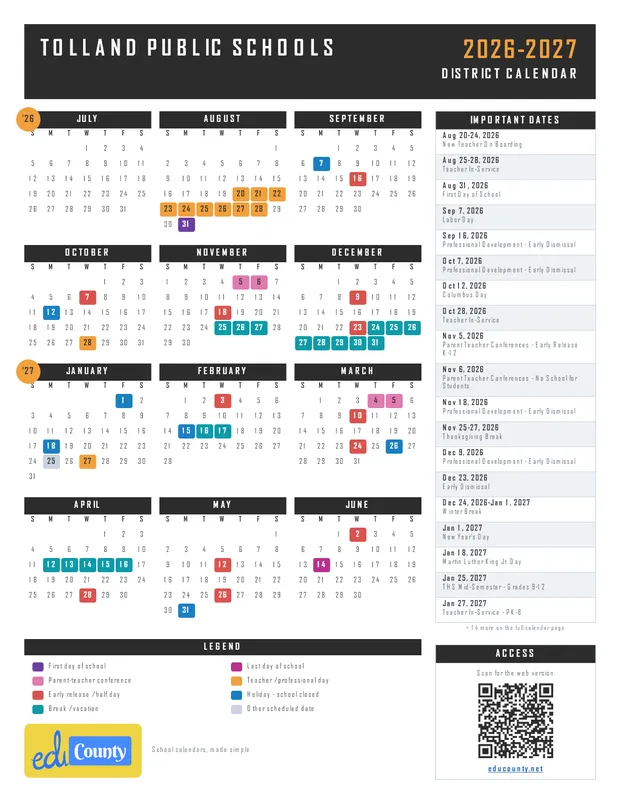 Tolland Public Schools printable 2026-27 calendar