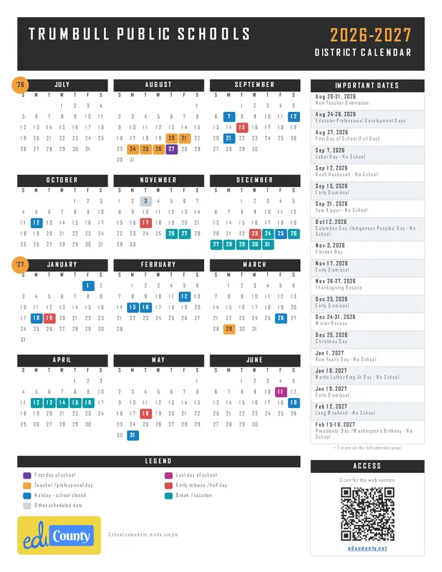 Trumbull Public Schools printable 2026-27 calendar