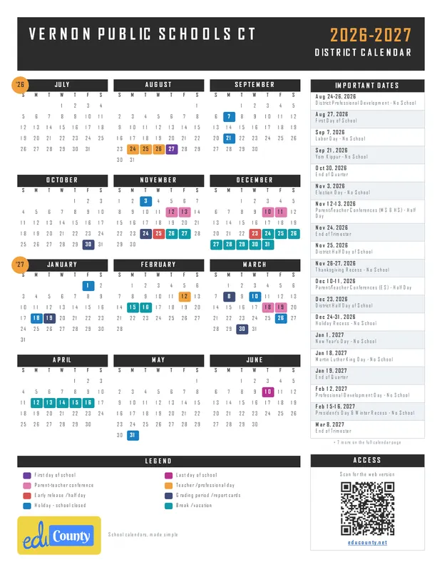 VERNON PUBLIC SCHOOLS printable 2026-27 calendar