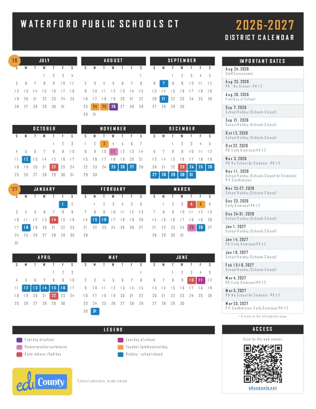 Waterford Public Schools printable 2026-27 calendar