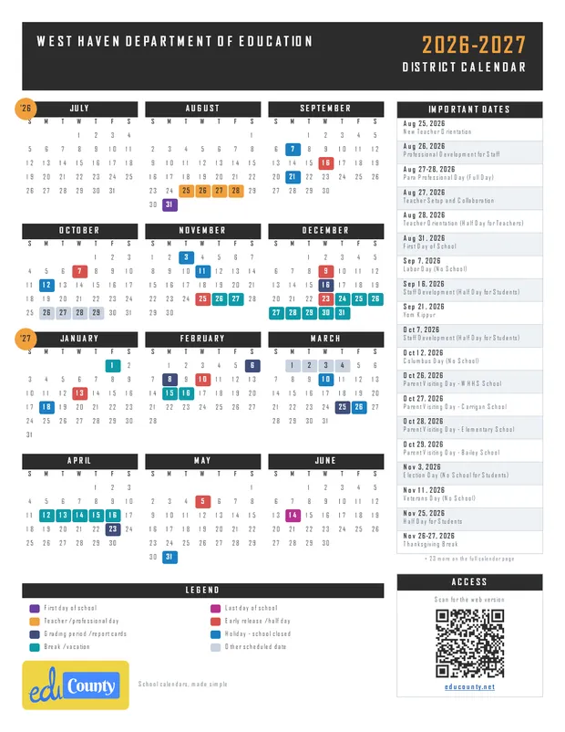 West Haven Department of Education printable 2026-27 calendar
